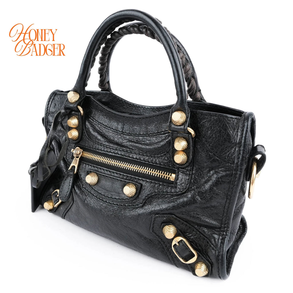 Balenciaga Classic Mini City Black Leather 2WAY Shoulder Bag Gold Hardware 309544