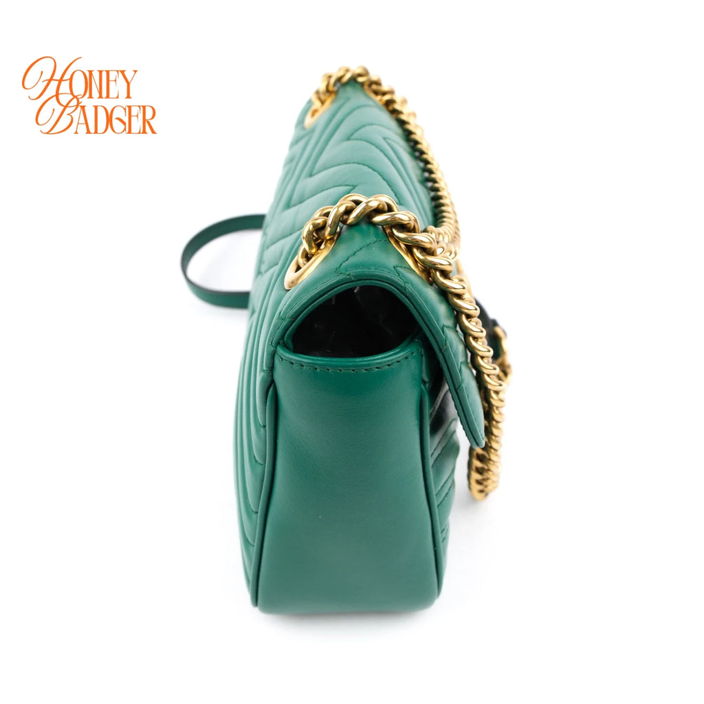 Gucci GG Marmont Small Matelassé Leather Green Antique Gold Hardware Rank A