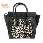 Celine Luggage Mini Shopper Leopard Print Canvas Black Calfskin Gold Hardware Rank AB
