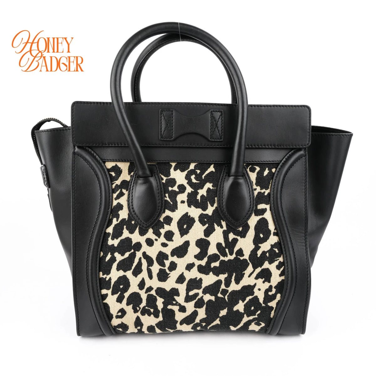 Celine Luggage Mini Shopper Leopard Print Canvas Black Calfskin Gold Hardware Rank AB