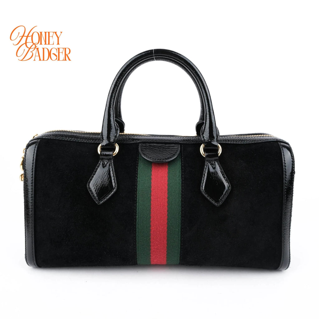 Gucci Ophidia Medium Boston Bag Suede Black Patent Leather Gold Hardware Rank A