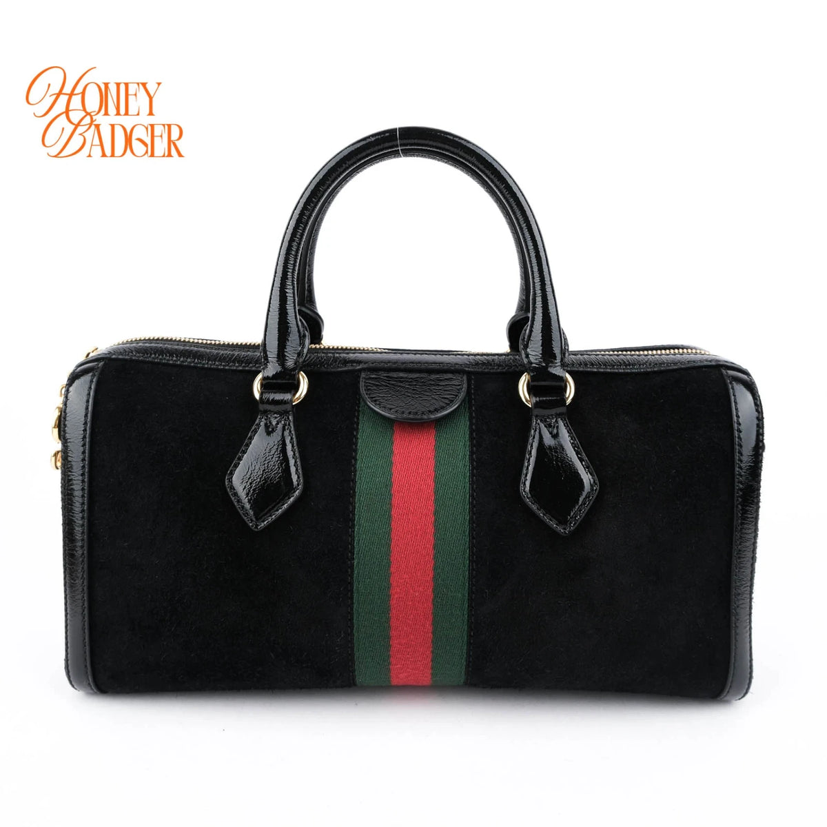 Gucci Ophidia Medium Boston Bag Suede Black Patent Leather Gold Hardware Rank A