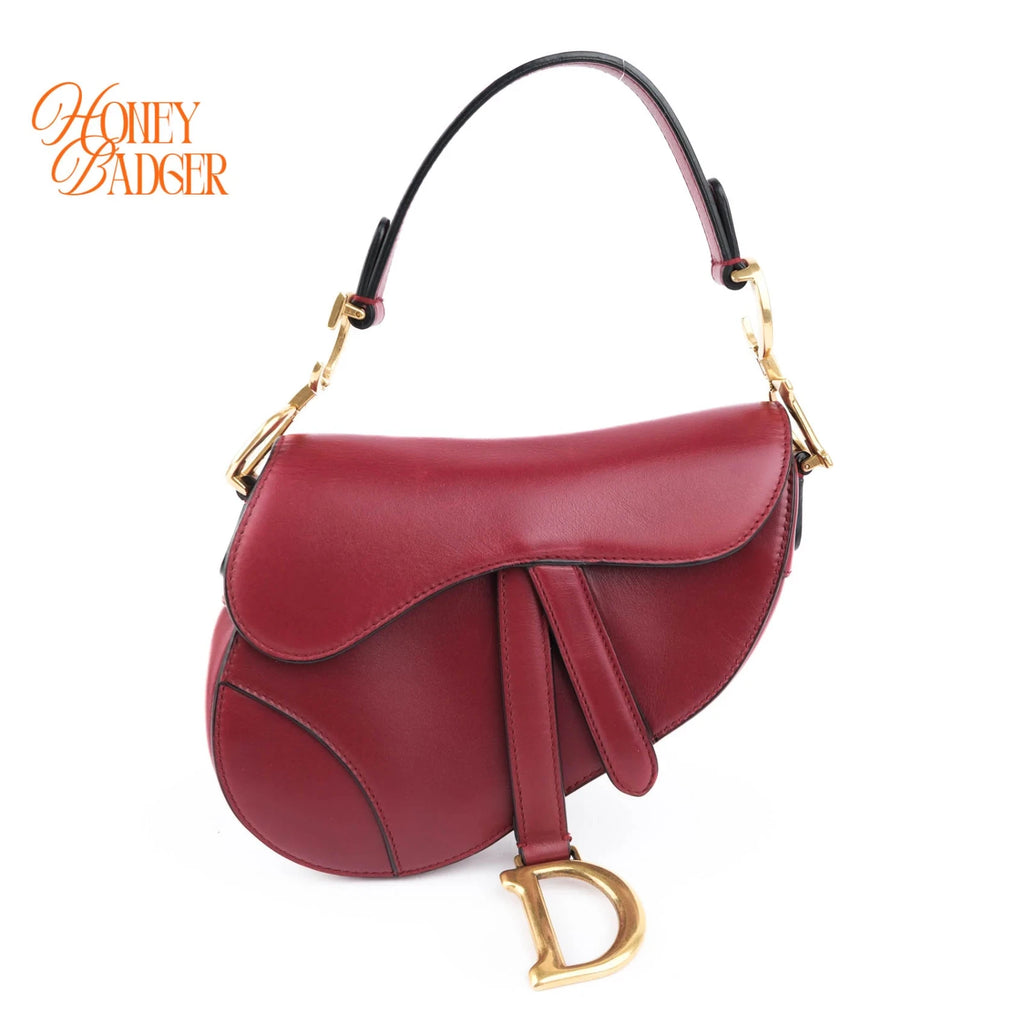 Dior Mini Saddle Bag Calfskin Leather Red Gold Hardware Rank A