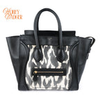 Celine Luggage Mini Shopper Leopard Print Canvas Black Calfskin Gold Hardware Rank AB