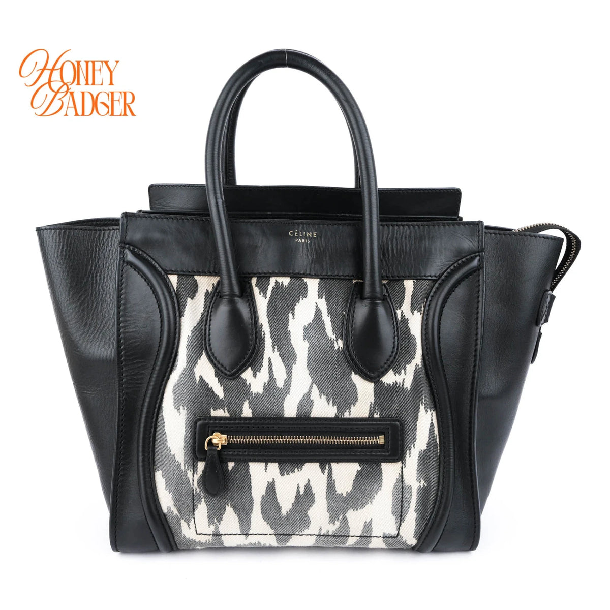 Celine Luggage Mini Shopper Leopard Print Canvas Black Calfskin Gold Hardware Rank AB
