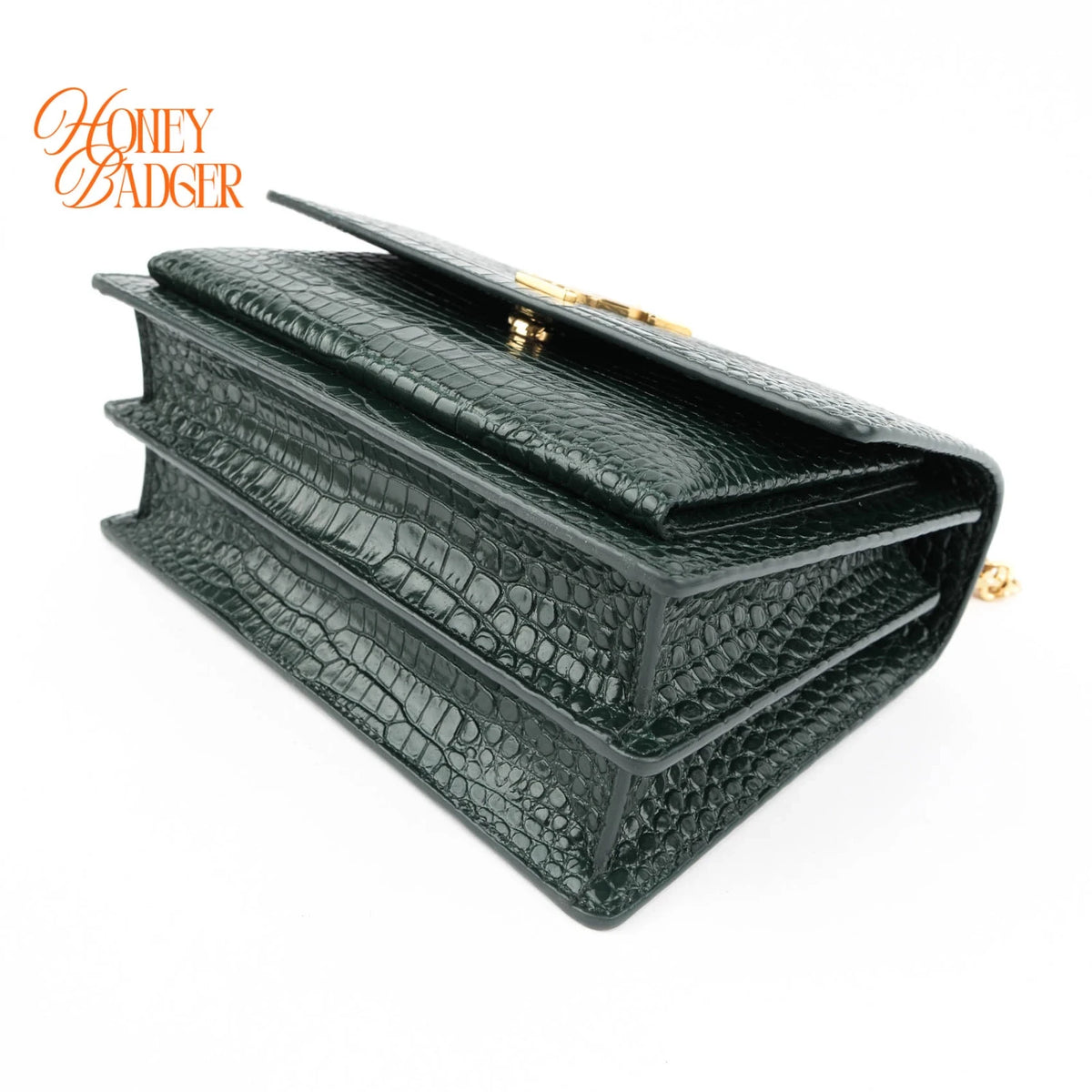 Saint Laurent Sunset Medium Croc-Embossed Leather Green Gold Hardware Rank A