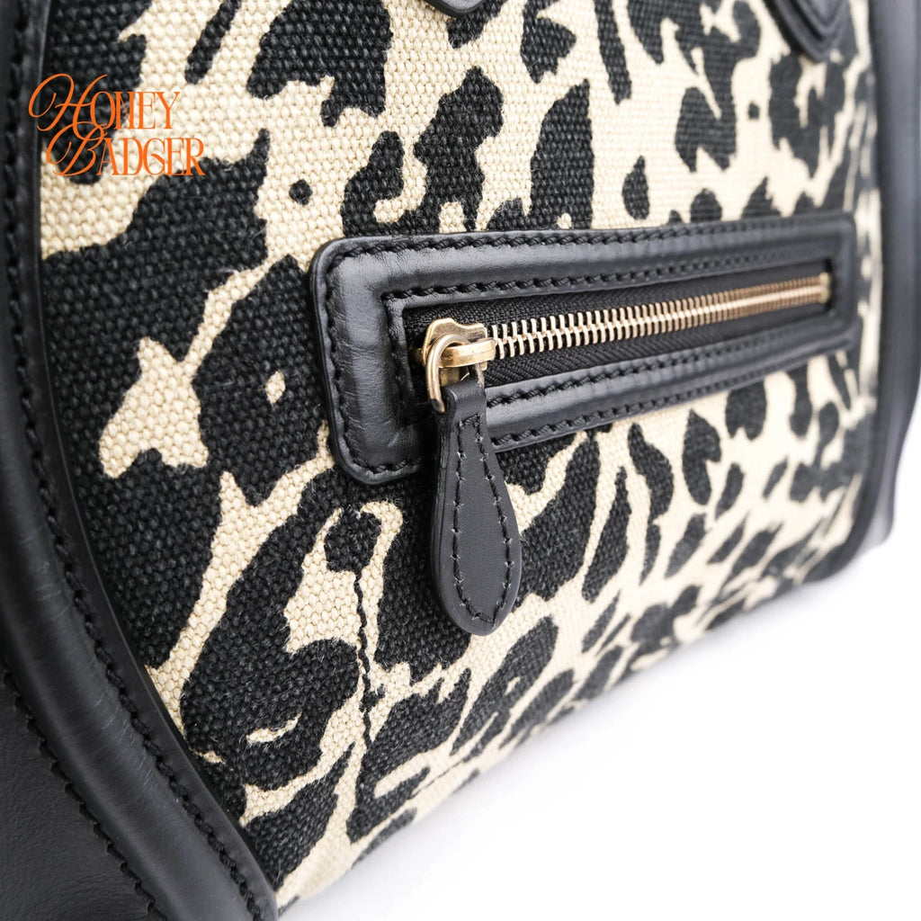 Celine Luggage Mini Shopper Leopard Print Canvas Black Calfskin Gold Hardware Rank AB