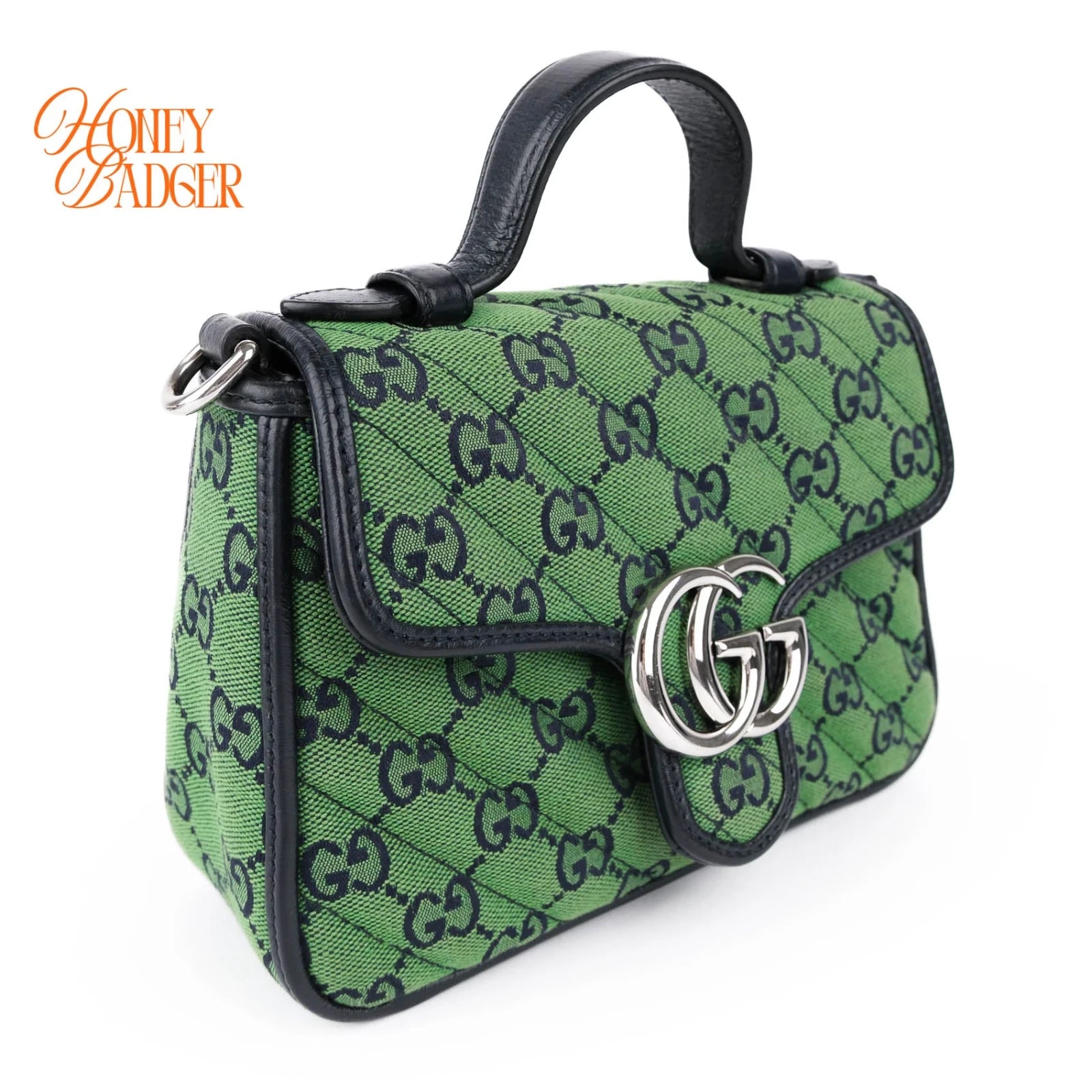 Gucci GG Marmont Mini Top Handle Canvas Green Silver Hardware Rank A