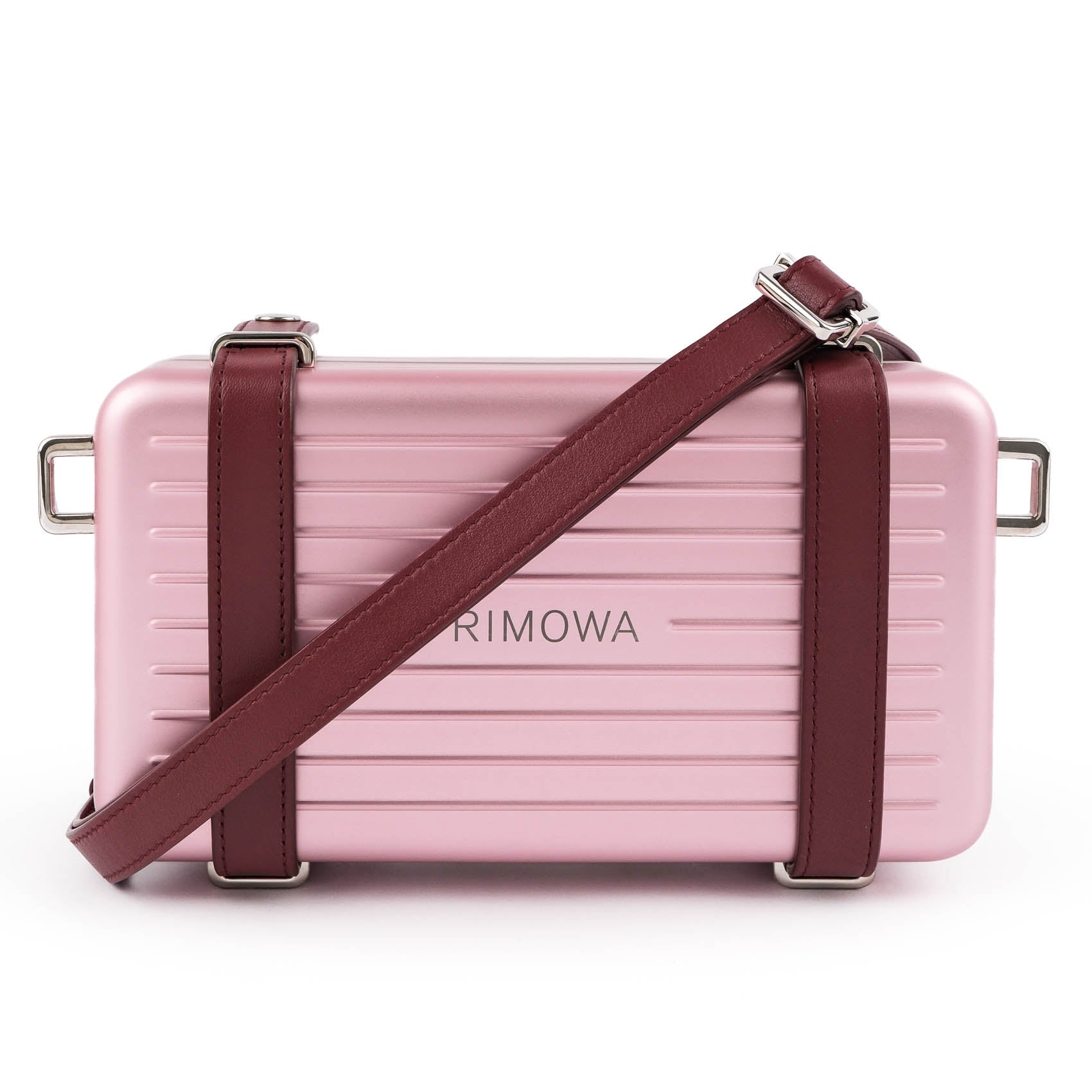 DIOR AND RIMOWA Personal Clutch on Strap in Rose Aluminum and Burgundy Leather