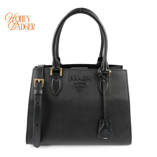 Prada Saffiano Logo Tote Black Leather 2WAY Shoulder Bag