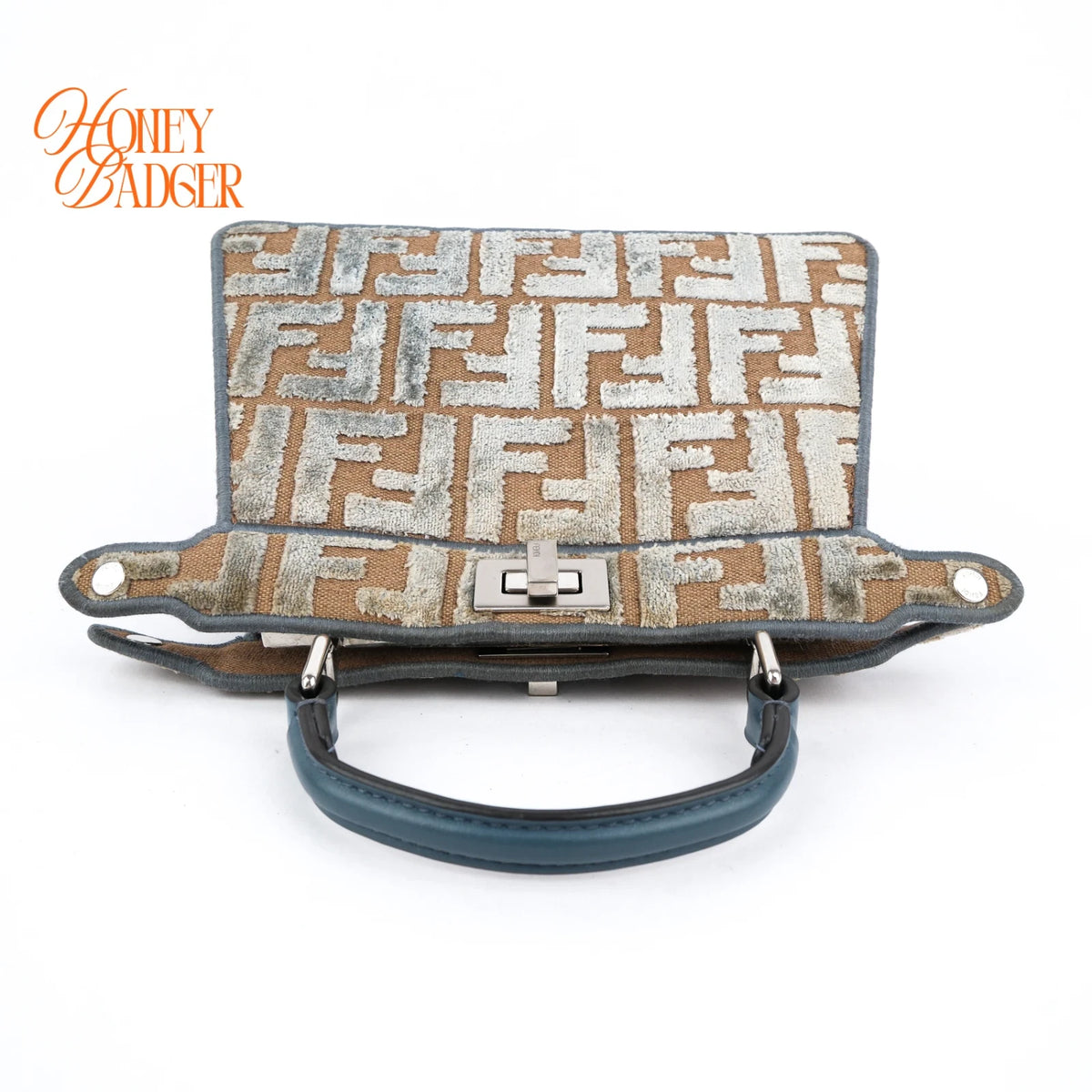 Fendi Peekaboo ISeeU FF Velvet Canvas Blue Beige 2Way Bag Rank AB