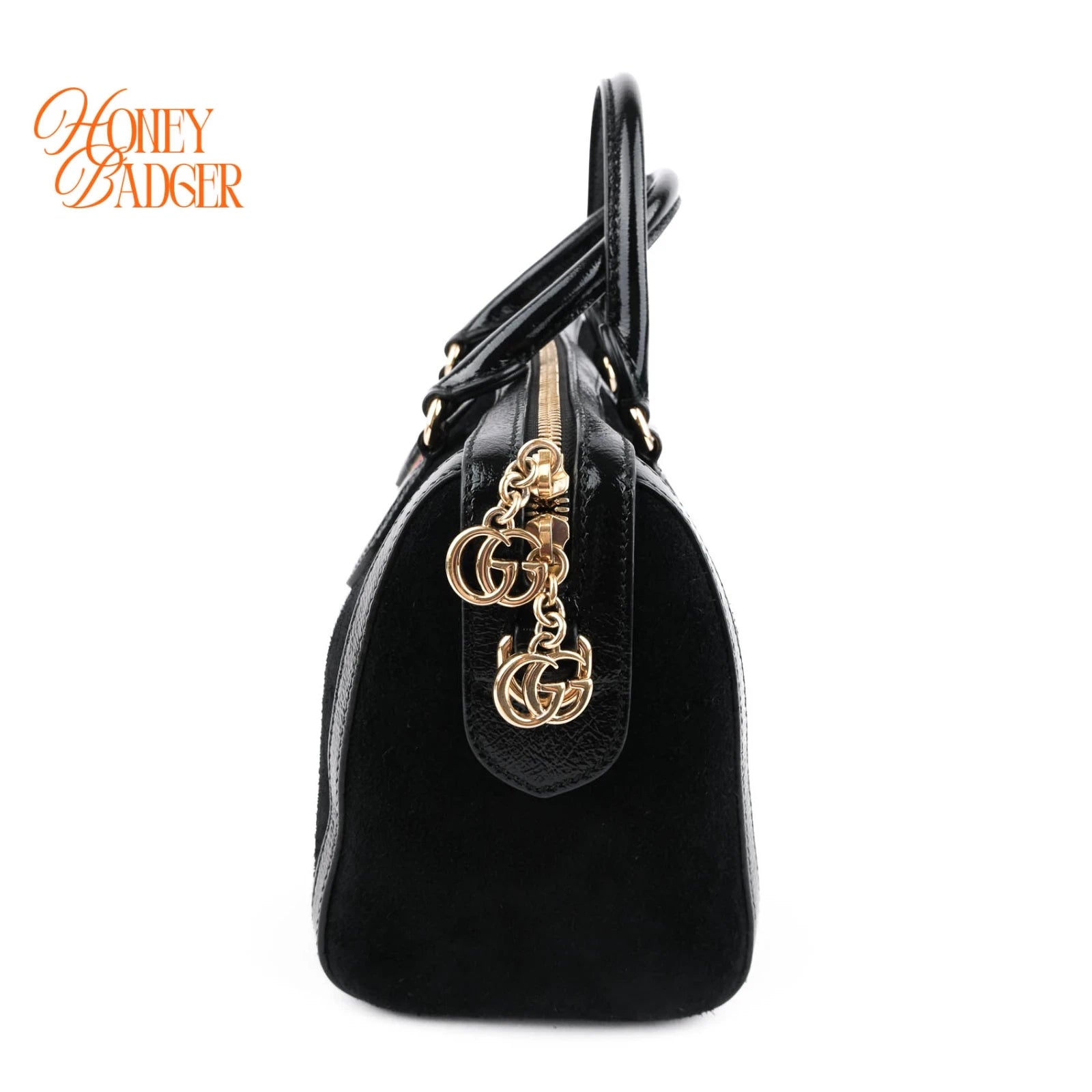Gucci Boston Bag Large Black Suede Gold Hardware Rank A