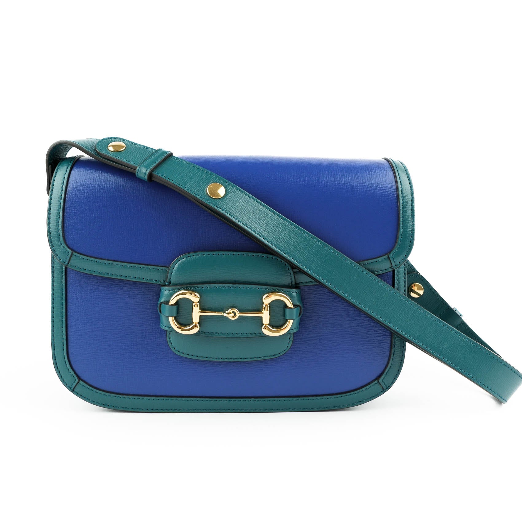 Gucci Horsebit 1955 Small Shoulder Bag in Imperial Blue and Pavone Green Leather