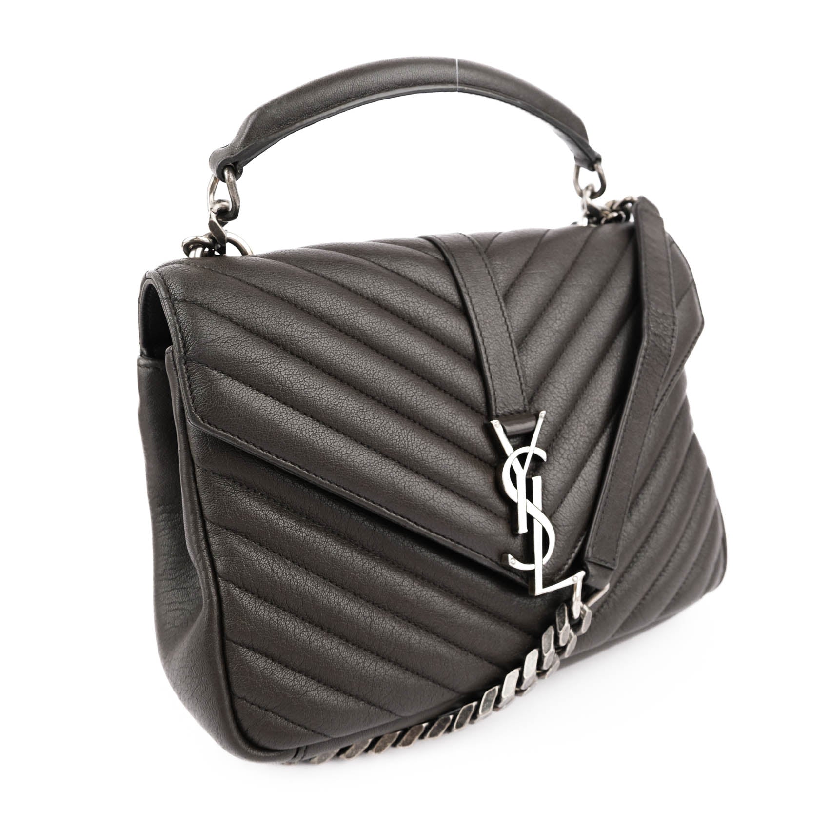 Saint Laurent Paris College Medium 428056 2way Handbag Matelassé Leather Brown Charcoal