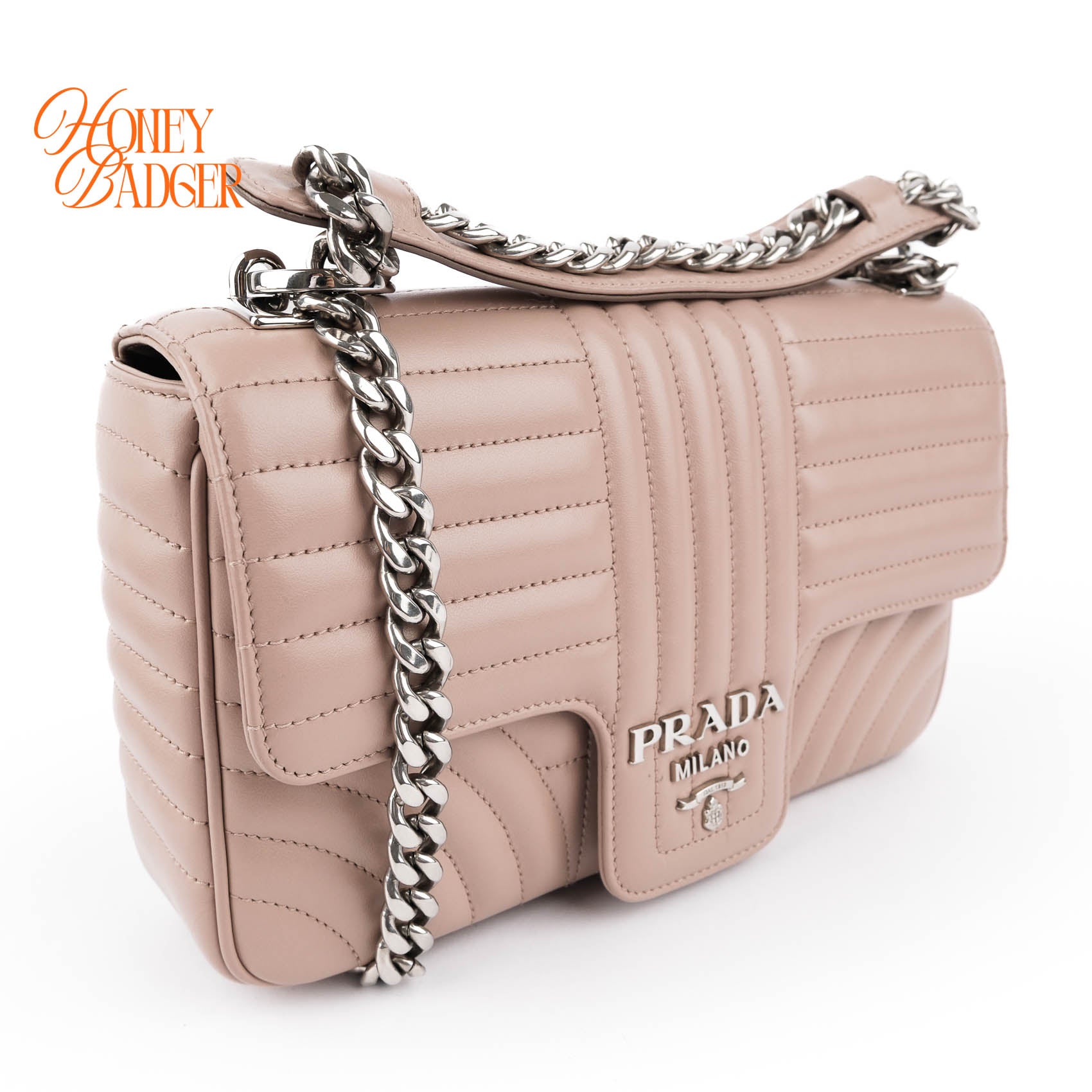 Prada Diagramme Large Chain Shoulder Bag Cipria Pink Leather Silver Hardware 1BD201