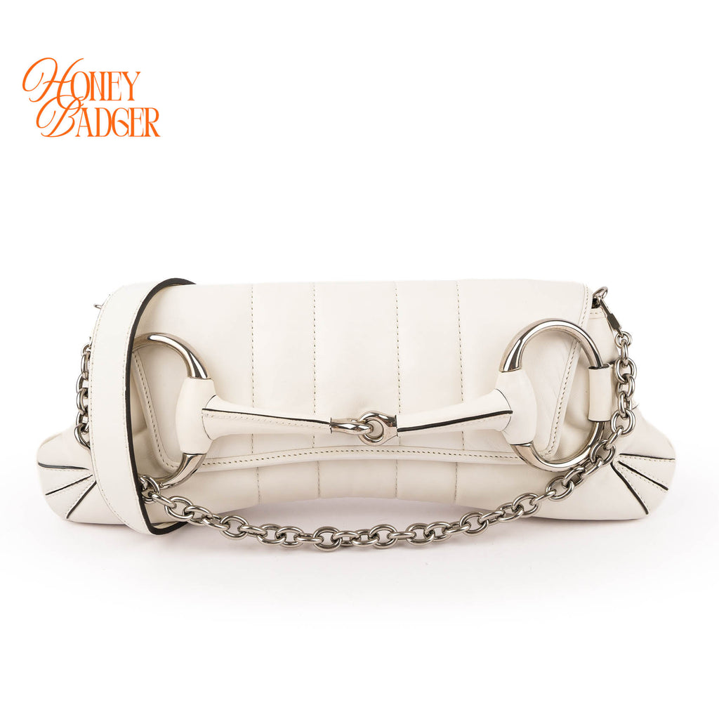 Gucci Horsebit Chain Medium Shoulder Bag White Leather Gold Hardware 764255 (RFID Built-in)