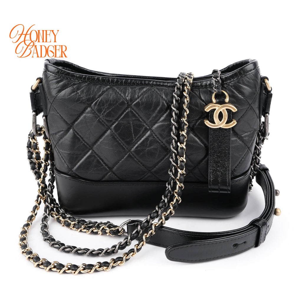 Chanel Gabrielle Small Hobo Bag A91810 Black Aged Calfskin Mixed Hardware Chain Crossbody