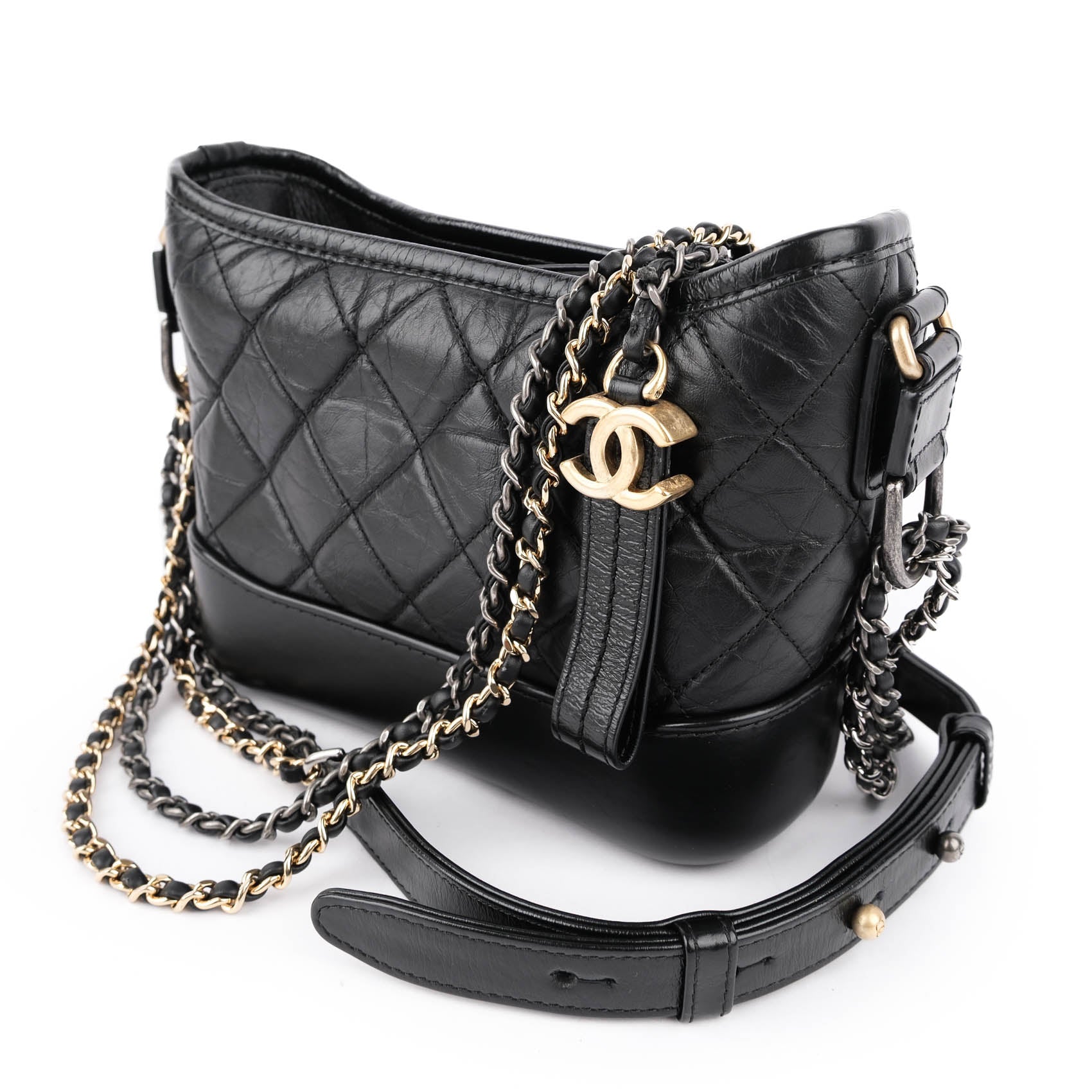Chanel Gabrielle Small Hobo Bag A91810 Black Aged Calfskin Mixed Hardware Chain Crossbody