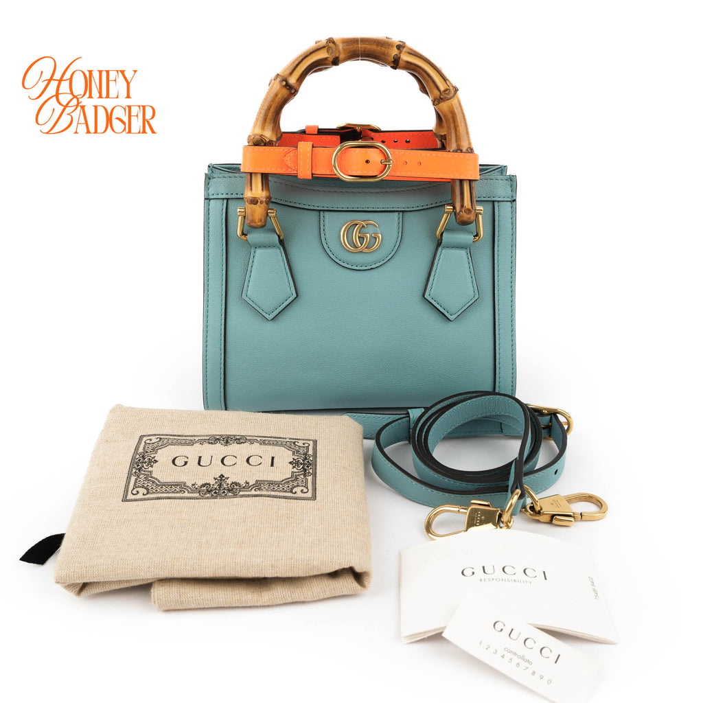 Gucci Diana Mini Tote Bag Light Blue Smooth Leather Bamboo Gold Hardware 655661