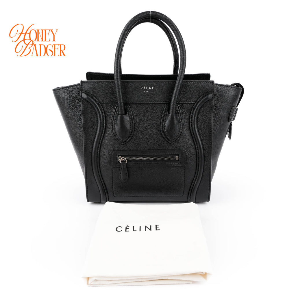 Celine Luggage Micro Tote Bag Black Grained Drummed Calfskin Silver Hardware 167793DRU