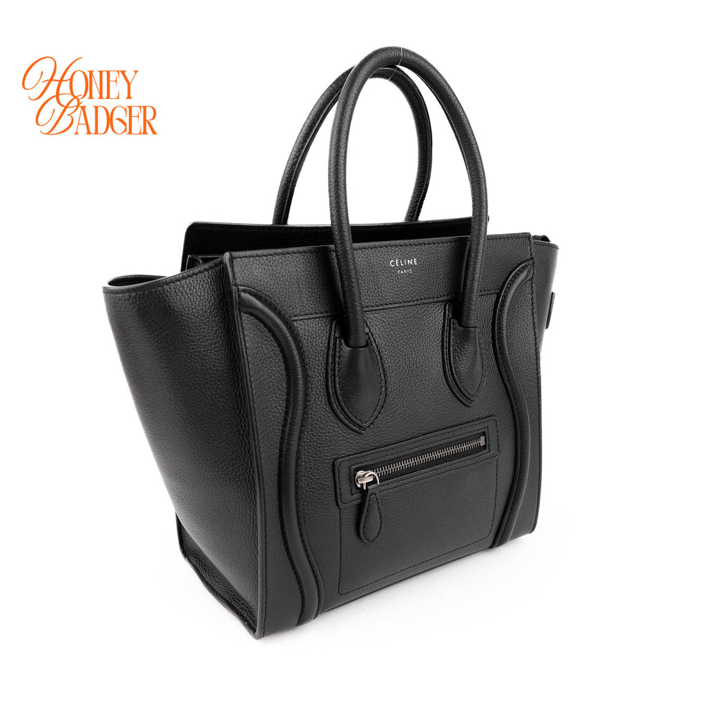 Celine Luggage Micro Tote Bag Black Grained Drummed Calfskin Silver Hardware 167793DRU
