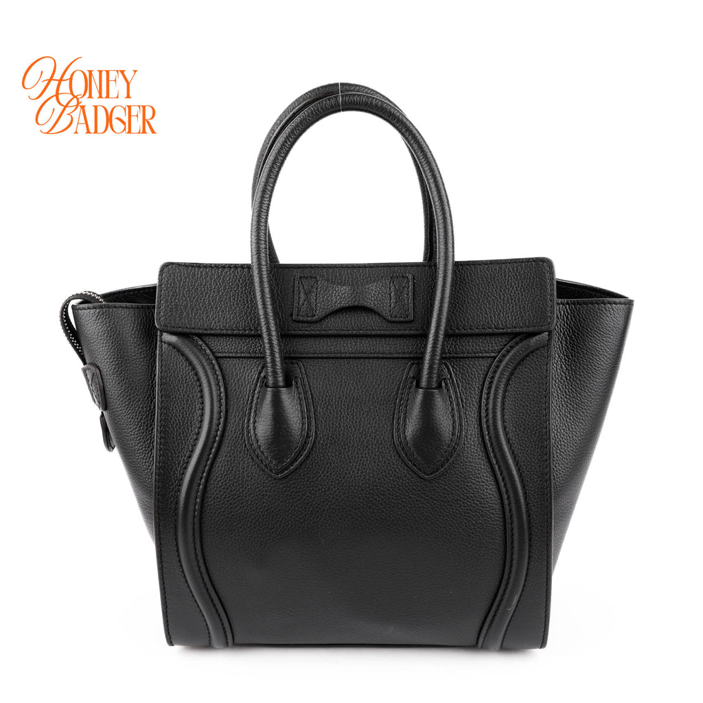 Celine Luggage Micro Tote Bag Black Grained Drummed Calfskin Silver Hardware 167793DRU