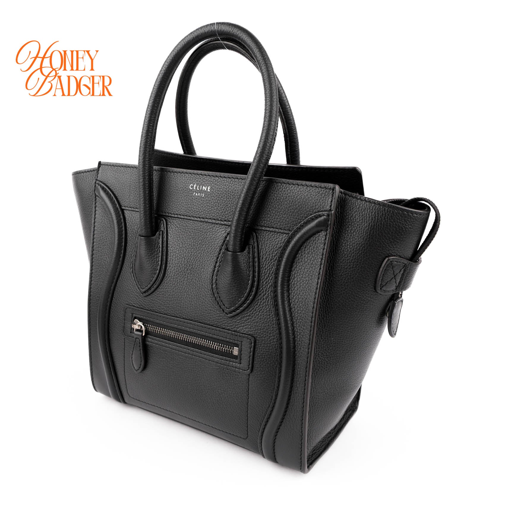 Celine Luggage Micro Tote Bag Black Grained Drummed Calfskin Silver Hardware 167793DRU