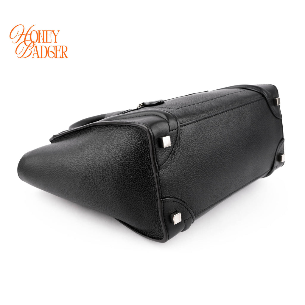 Celine Luggage Micro Tote Bag Black Grained Drummed Calfskin Silver Hardware 167793DRU