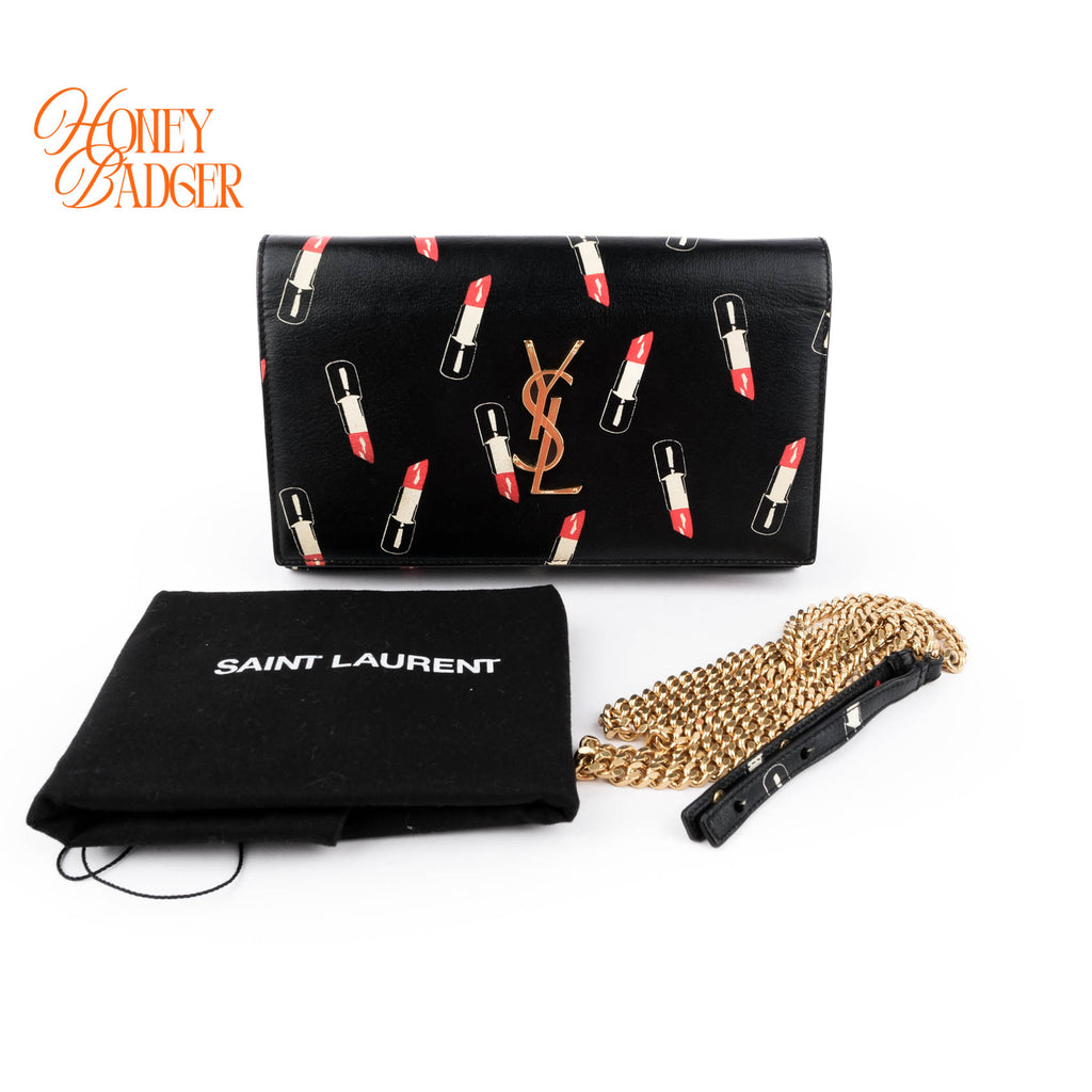 Saint Laurent Paris Kate Medium Chain Bag Black Lipstick-Print Smooth Leather Gold Hardware 364021
