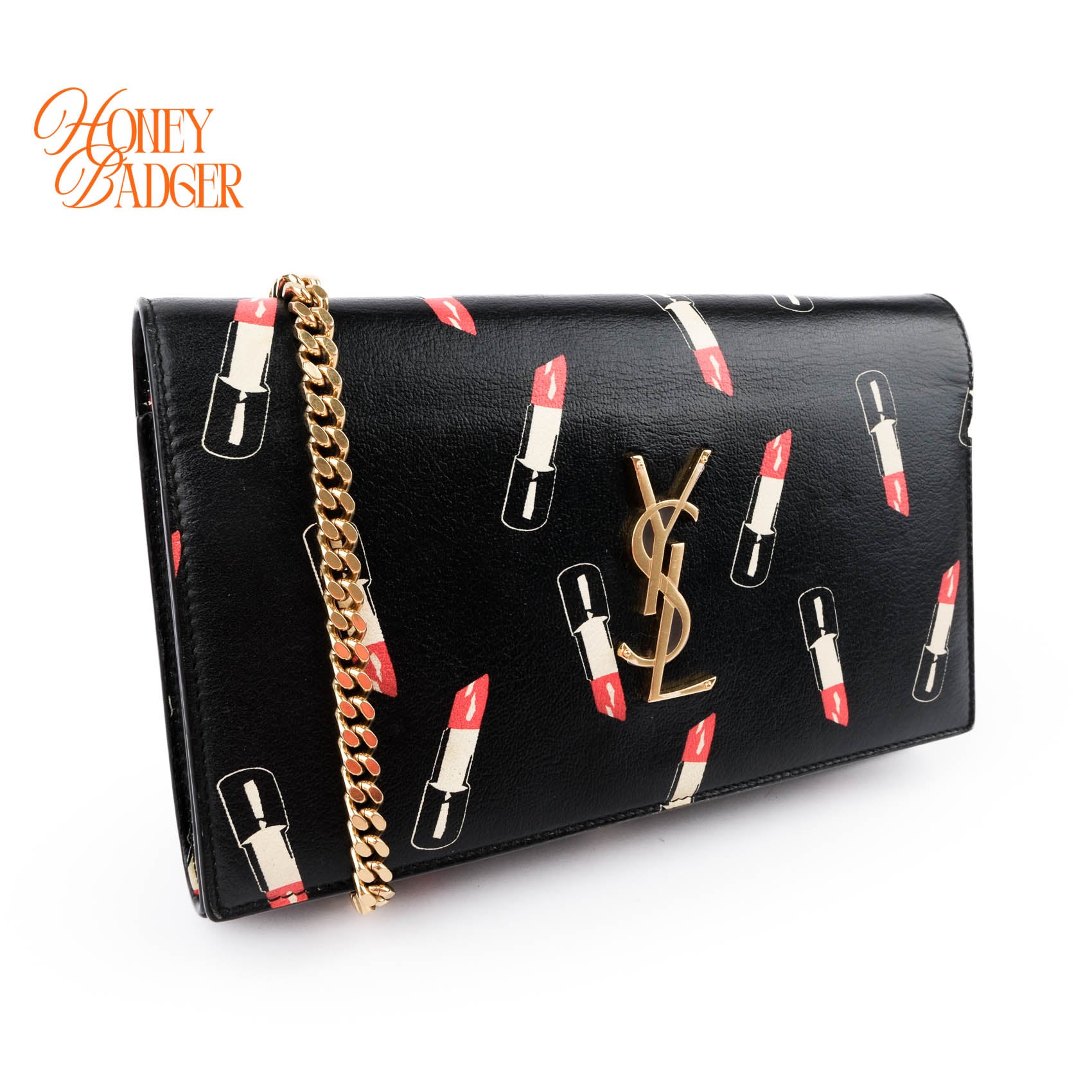 Saint Laurent Paris Kate Medium Chain Bag Black Lipstick-Print Smooth Leather Gold Hardware 364021