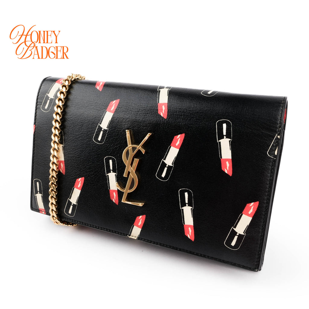 Saint Laurent Paris Kate Medium Chain Bag Black Lipstick-Print Smooth Leather Gold Hardware 364021