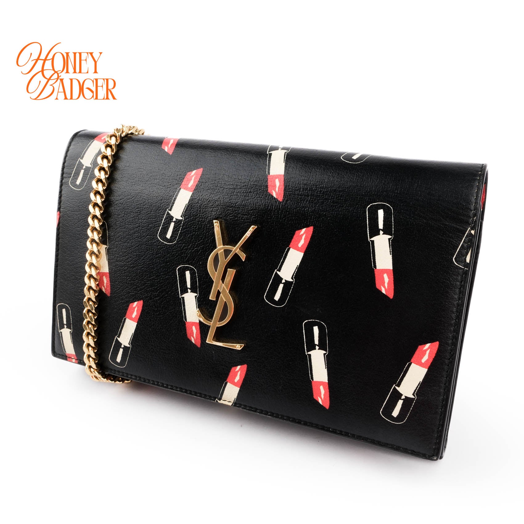 Saint Laurent Paris Kate Medium Chain Bag Black Lipstick-Print Smooth Leather Gold Hardware 364021