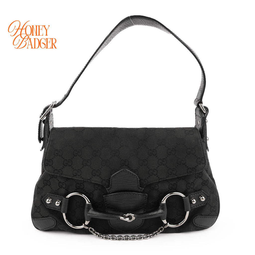 Gucci Tom Ford Era Horsebit Shoulder Bag Black GG Canvas Leather 114915
