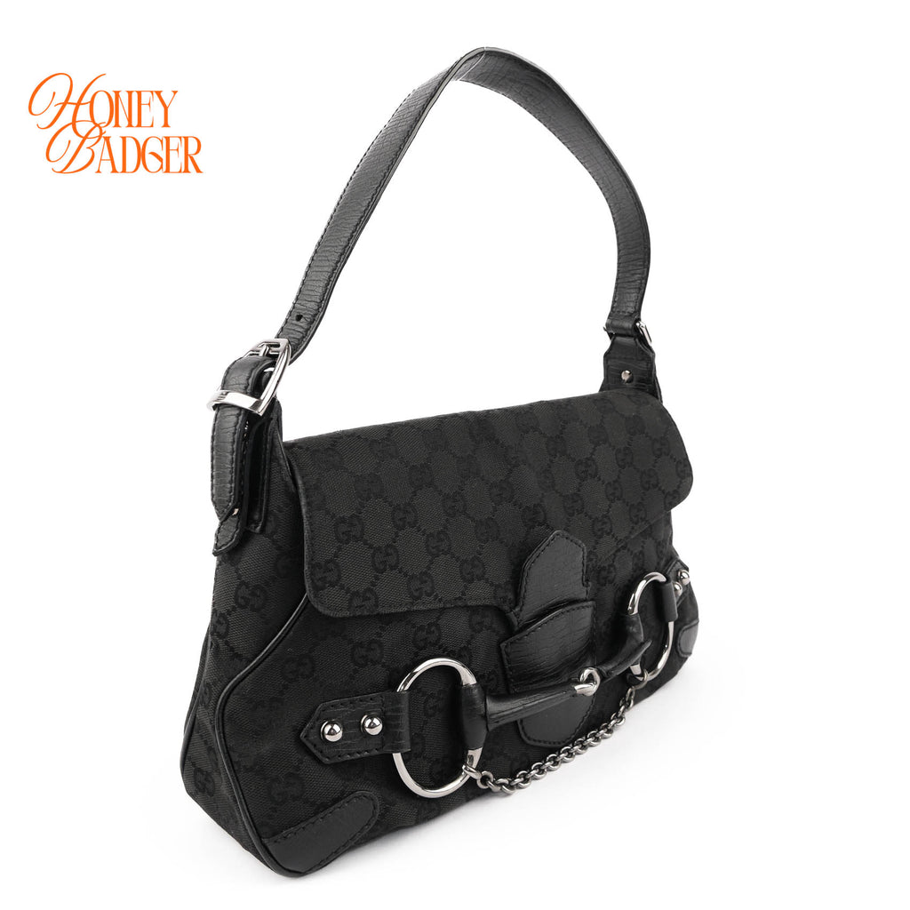 Gucci Tom Ford Era Horsebit Shoulder Bag Black GG Canvas Leather 114915