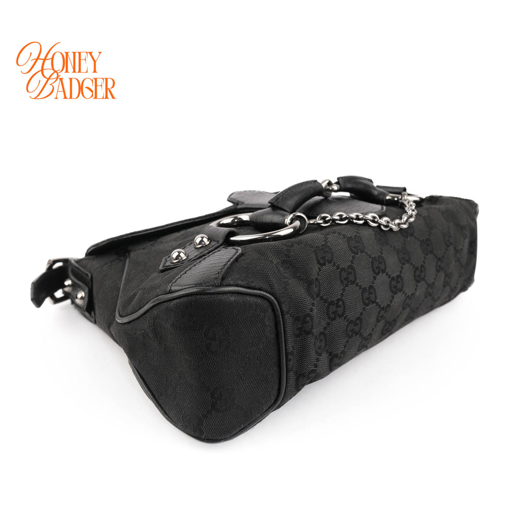 Gucci Tom Ford Era Horsebit Shoulder Bag Black GG Canvas Leather 114915