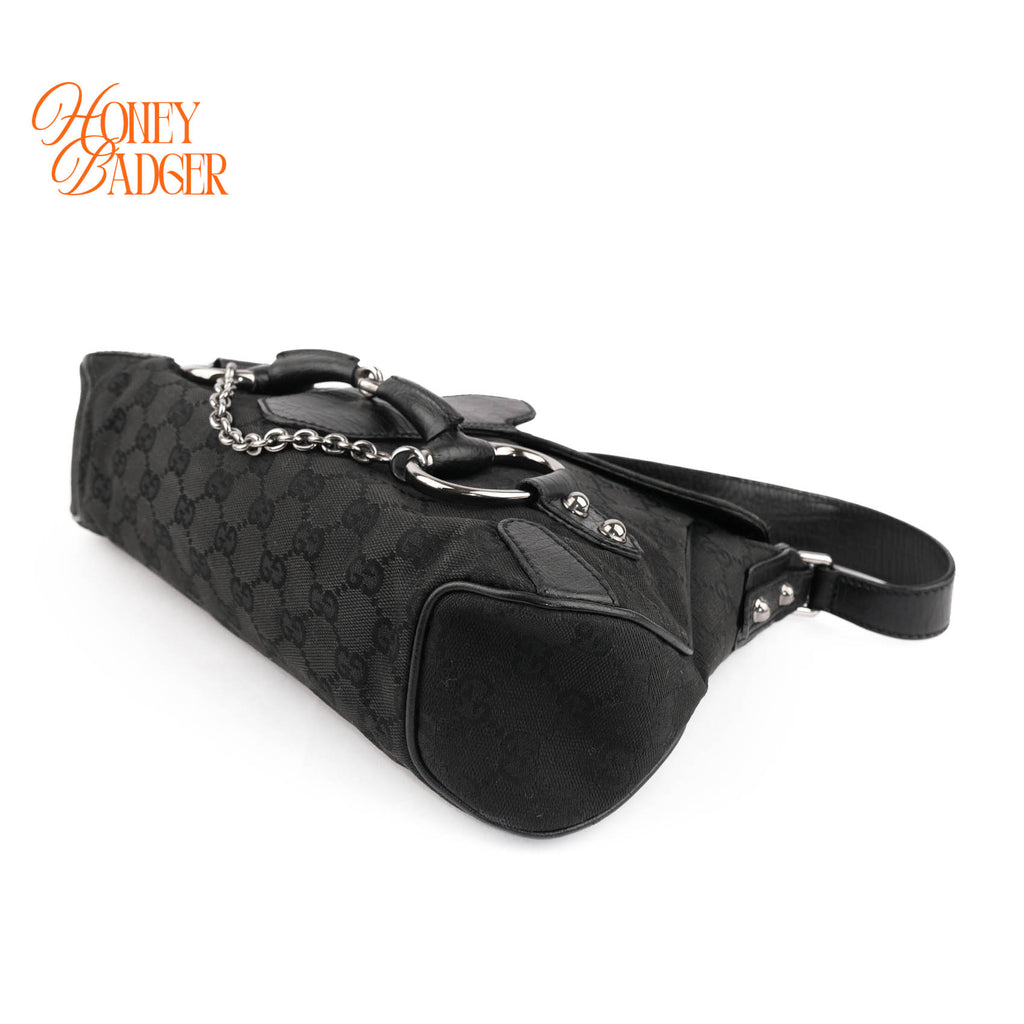 Gucci Tom Ford Era Horsebit Shoulder Bag Black GG Canvas Leather 114915