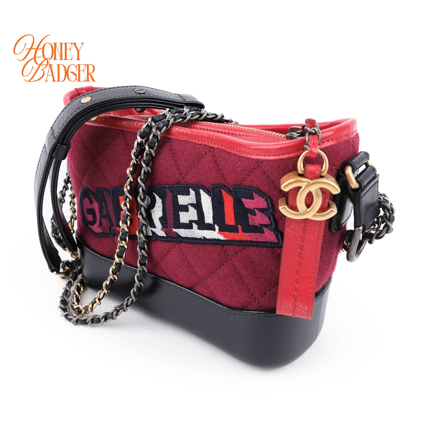 Chanel Gabrielle Small Hobo Bag Bordeaux Pink Tweed Graphic Patch Leather