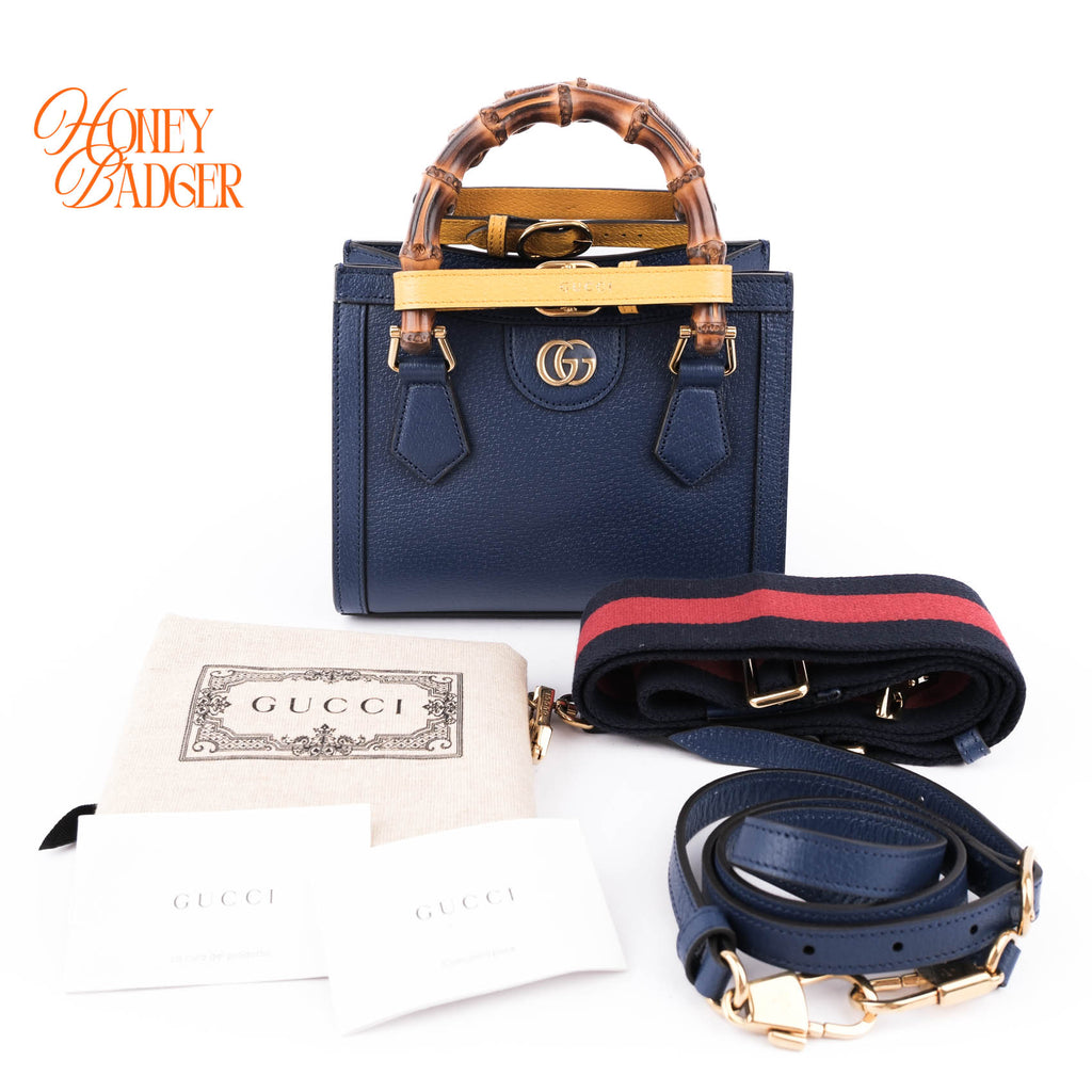 Gucci Diana Mini Tote Bag Navy Blue Leather Bamboo Gold Hardware 655661