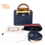 Gucci Diana Mini Tote Bag Navy Blue Leather Bamboo Gold Hardware 655661
