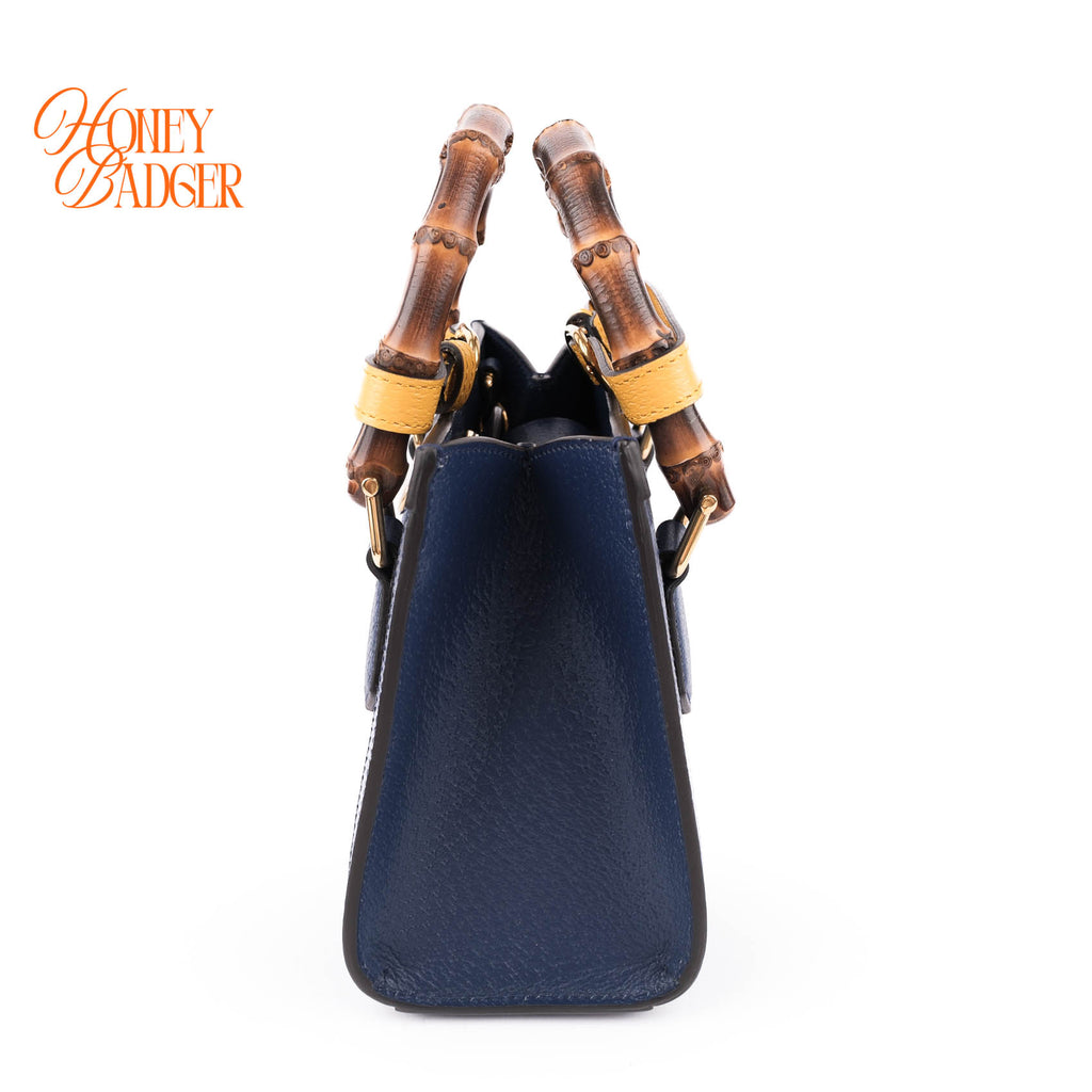 Gucci Diana Mini Tote Bag Navy Blue Leather Bamboo Gold Hardware 655661