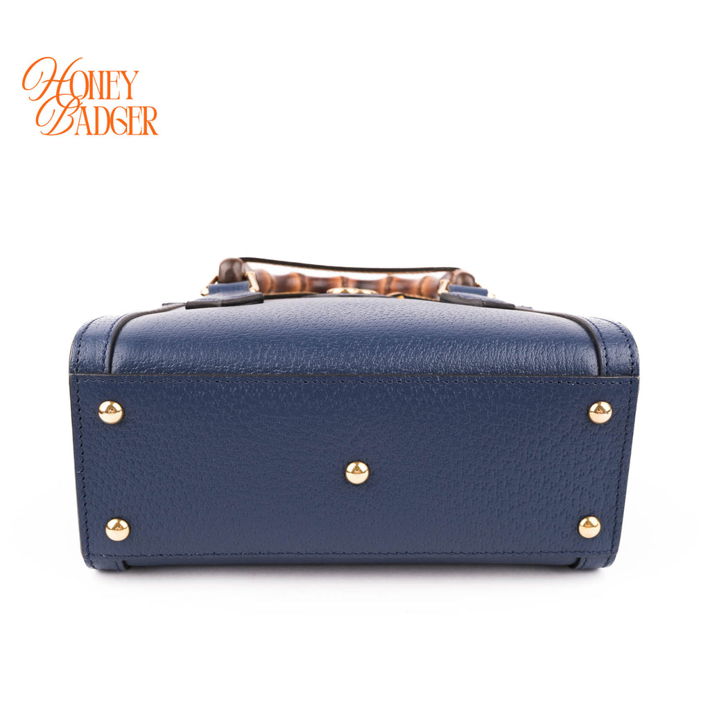 Gucci Diana Mini Tote Bag Navy Blue Leather Bamboo Gold Hardware 655661