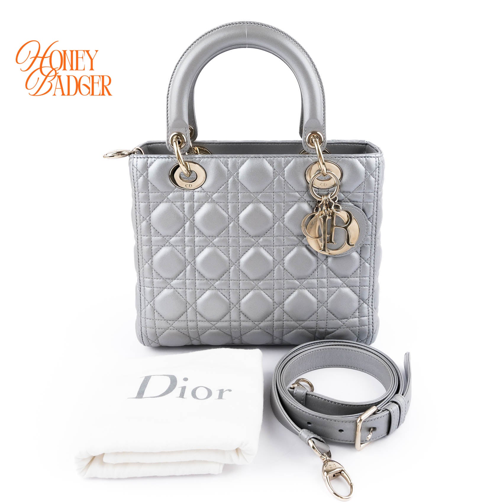 Dior Lady Dior Medium Cannage Leather 2WAY Handbag Pearl Gray