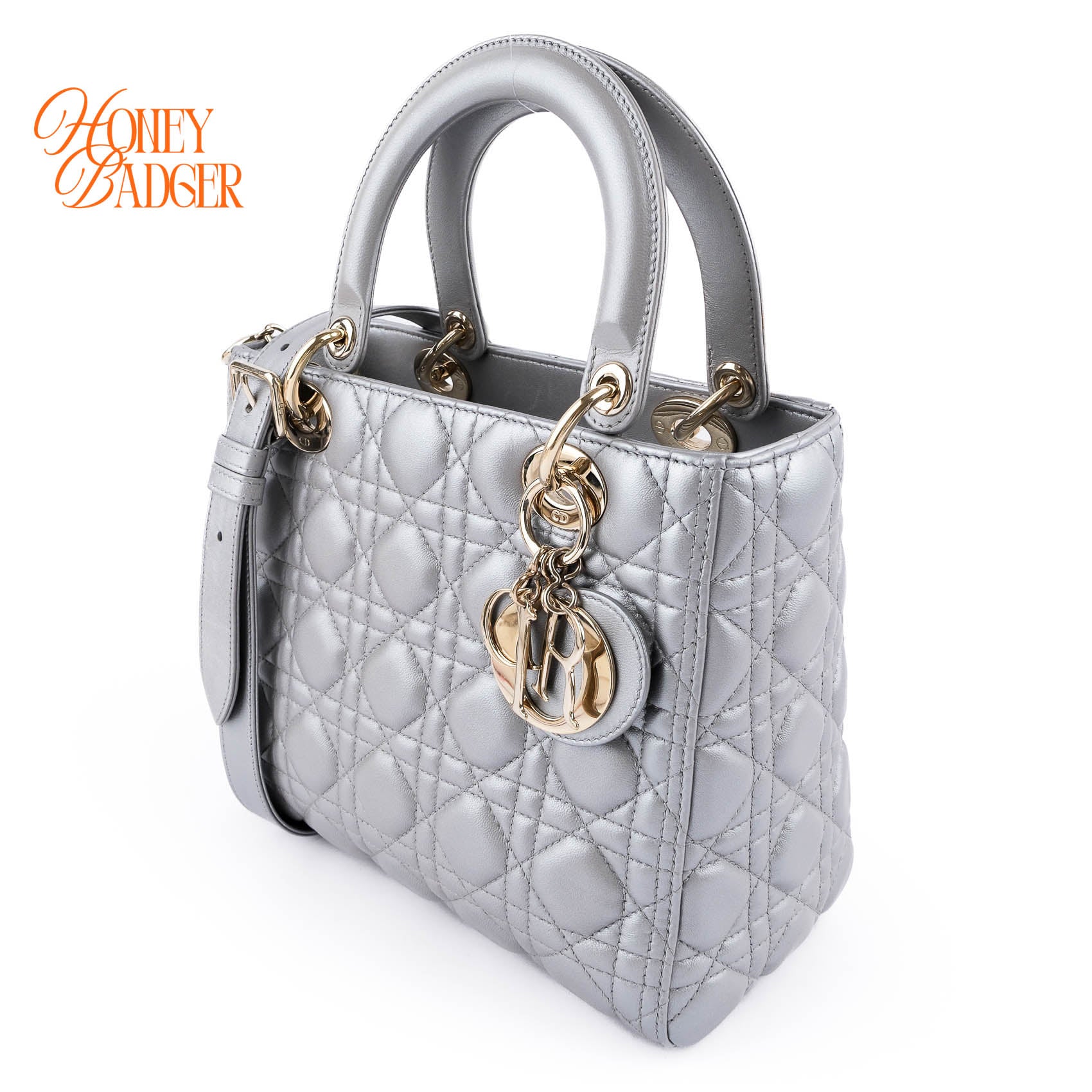 Dior Lady Dior Medium Cannage Leather 2WAY Handbag Pearl Gray
