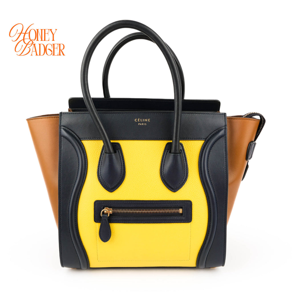 Celine Luggage Mini Shopper Tricolor Tote Bag Yellow Black Camel Leather Gold Hardware