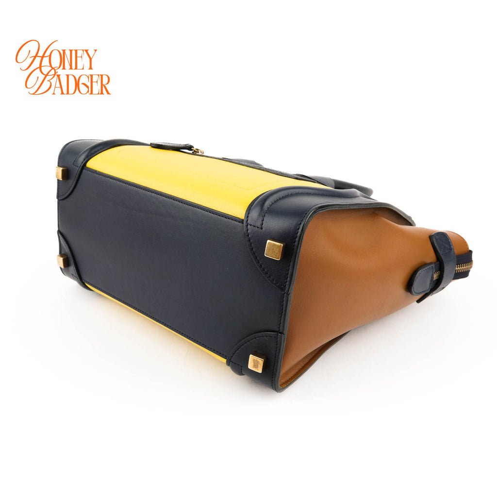 Celine Luggage Mini Shopper Tricolor Tote Bag Yellow Black Camel Leather Gold Hardware