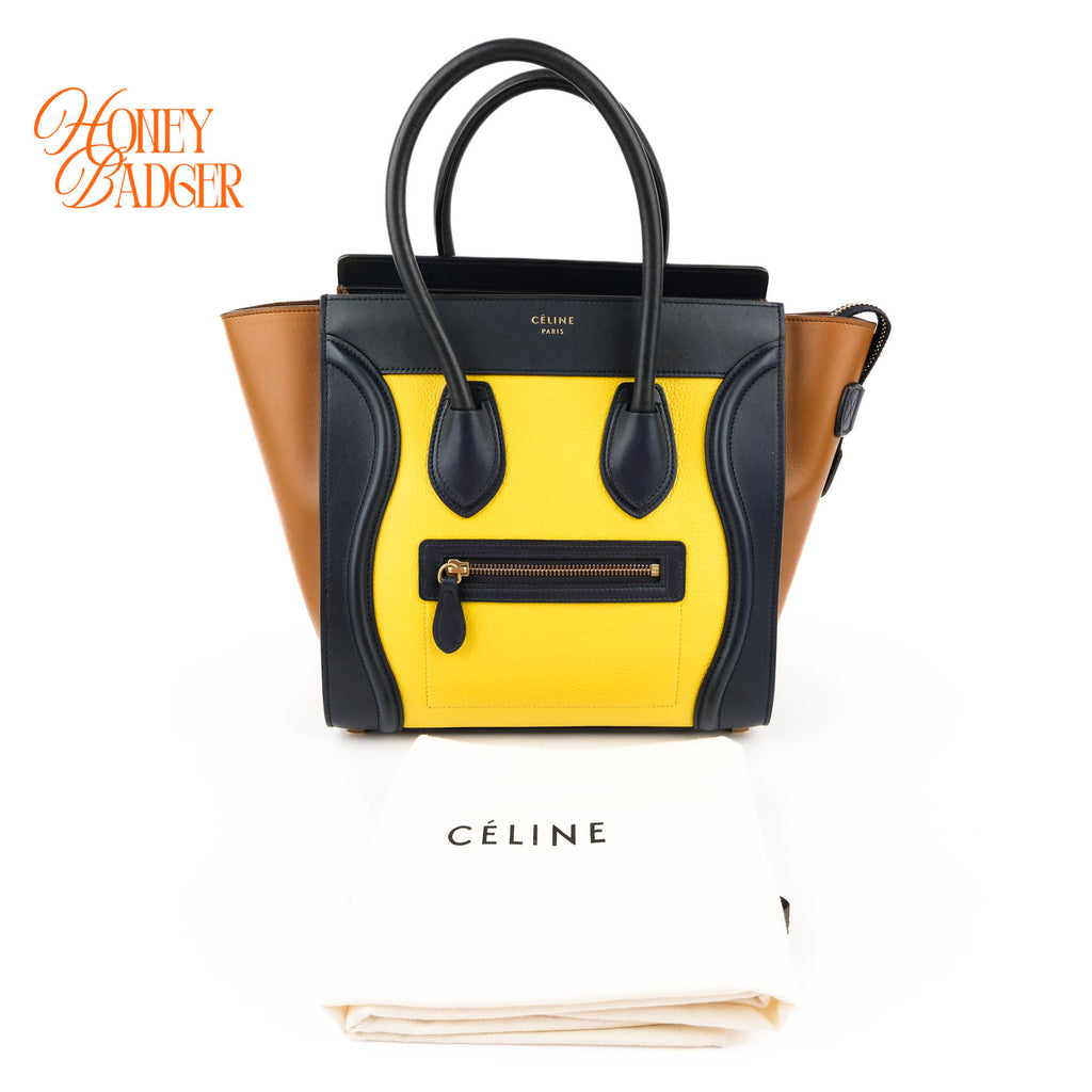 Celine Luggage Mini Shopper Tricolor Tote Bag Yellow Black Camel Leather Gold Hardware