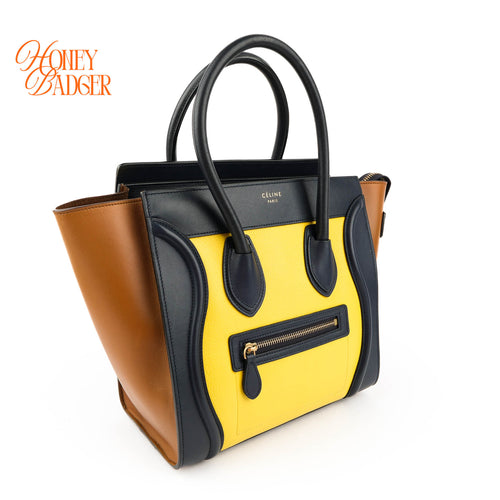 Celine Luggage Mini Shopper Tricolor Tote Bag Yellow Black Camel Leather Gold Hardware
