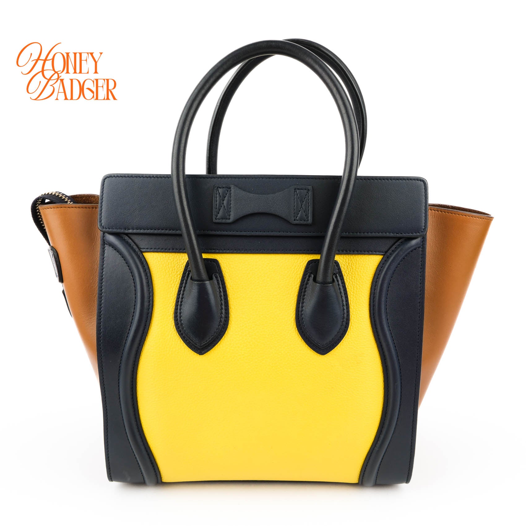 Celine Luggage Mini Shopper Tricolor Tote Bag Yellow Black Camel Leather Gold Hardware