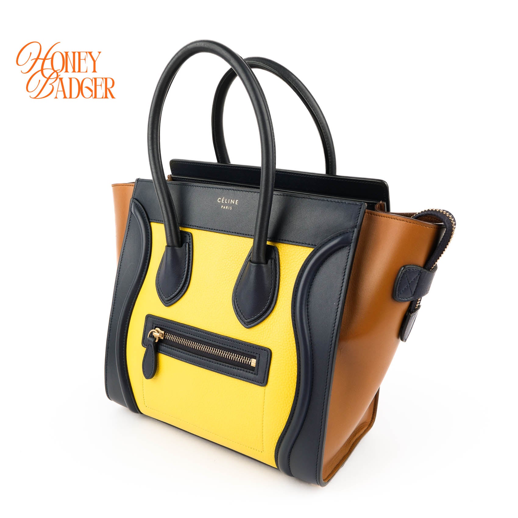 Celine Luggage Mini Shopper Tricolor Tote Bag Yellow Black Camel Leather Gold Hardware