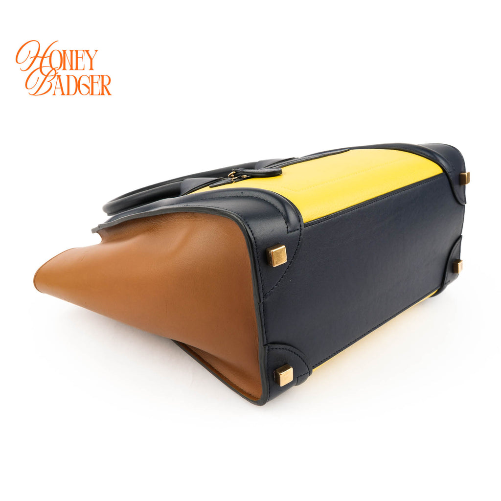 Celine Luggage Mini Shopper Tricolor Tote Bag Yellow Black Camel Leather Gold Hardware